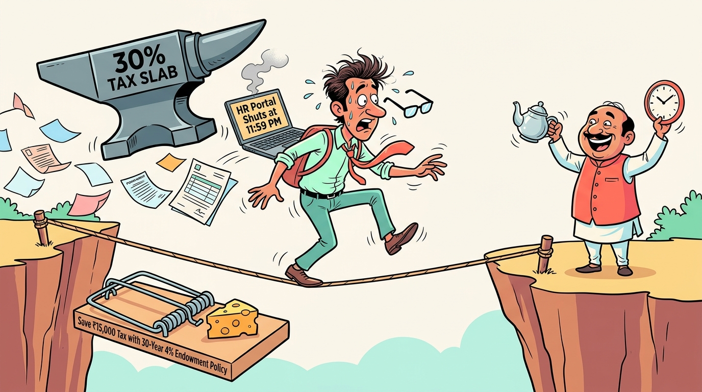 Editorial cartoon showing a frantic taxpayer sprinting with a smoking calculator towards a March 31 finish line, throwing lakhs into a locked endowment scheme while an agent stamps TAX SAVED.