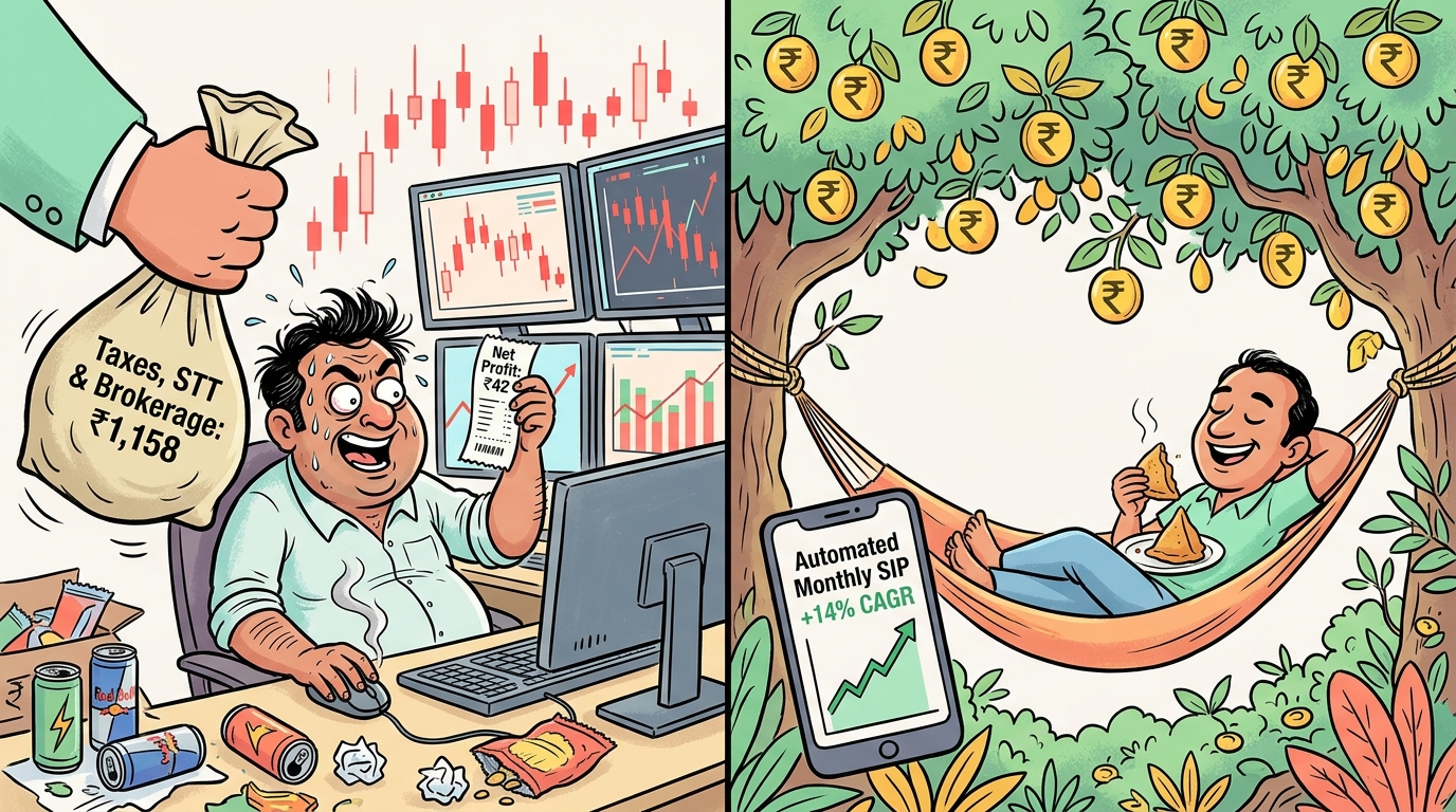 Editorial cartoon contrasting an active F&O day trader surrounded by red candlestick charts making 42 rupees after fees versus a relaxed investor sipping tea while monthly SIP runs on autopilot.